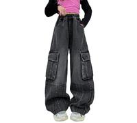 Jeans Ragazza 6 Anni 14 Anni 5 Anni Larga Dritto Pantaloni Denim Elastico Vita Casual Larga Gamba Larga Jeans con Tasche Streetwear Moda per Bambini, Nero , 9-10 Anni