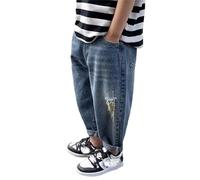 Jeans Ragazzo, Jeans Larghi da Ragazzo, a Gamba Dritta, con Tasche, Elastico in Vita, Pantaloni in Denim Strappati e rovinati con Buchi.