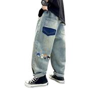 Jeans Ragazzo, Jeans Larghi da Ragazzo, a Gamba Dritta, con Tasche, Elastico in Vita, Pantaloni in Denim Strappati e rovinati con Buchi