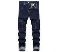 Jeans skinny elasticizzati da uomo multi tasche slim fit jeans elastici comfort texture denim gamba affusolata pantaloni a matita cargo, Dark Blue, 50