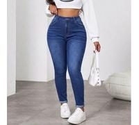 Jeans slim fit lavati per donne taglia comoda, lunghezza lunga, con zip e tasche con bottoni, media elasticità, casual, adatti per vacanze primaverili 0XL,1XL,2XL,3XL,4XLColore unico,Stampa falsaDenim