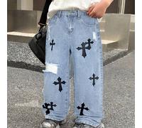 Jeans strappati e sfrangiati con motivo a croce in denim blu, stile casual Y2K vintage, adatti per ragazzi tra i 10 e i 12 anni, per il ritorno a scuola, college, abbigliamento casual quotidiano, outf