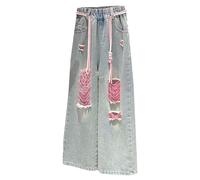 Jeans strappati per ragazze a gamba larga jeans larghi farfalla floreale fiocco cuore pantaloni in denim a vita alta elastico in vita estetica alla moda carino jeans pantaloni, Azzurro #8, 12-13 Anni