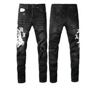 Jeans Street Fashion con Motivo Ricamato con Patch con Foro strappato, Pantaloni Slim Fit High street-nero-40