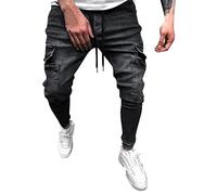 Jeans Uomo Slim Fit, Jeans Uomo Elasticizzati Cargo in Tessuto Standard Sportivo Multitasca per La Bocca del Piede Corda in Vita Patchwork Nastro Jeans Cargo Uomo per Uso Quotidiano