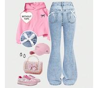 Jeans versatili e di moda per ragazze adolescenti, adatti per tutte le stagioni, con decorazione a fiocco 3D bianco sulle tasche posteriori, pantaloni skinny a zampa di elefante in denim blu 14Y,13Y,1