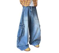 Jeans Y2K taglio largo casual casual retrò per primavera e autunno pantaloni hip hop urbano gotico con varie tasche per passeggiate in città alla moda, blu, L