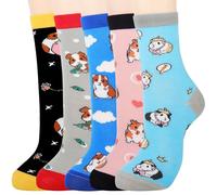 Jeasona 5 paia di calzini in cotone da donna, taglia 4-7, lunghezza sopra la caviglia, motivi carini a tema animale, Cavia multicolore, 4-7