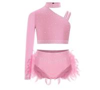 JEATHA 2 Pezzi Abito da Ballo Latino Americano per Bambina con Strass Crop Top e Gonna Asimmetrico con Piume Vestito da Danza Classica Lirica Moderna Samba Dancewear A Rosa 5-6 Anni