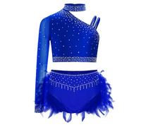 JEATHA 2 Pezzi Abito da Ballo Latino Americano per Bambina con Strass Crop Top e Gonna Asimmetrico con Piume Vestito da Danza Classica Lirica Moderna Samba Dancewear A Blu 5-6 Anni