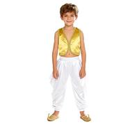 JEATHA 2 Pezzi Abito da Principe Arabiano Bambini Gilet e Pantaloni Larghi con Elastico Vita Costume Fiaba Arabo Indiano Per Halloween Carnevale Travestimento B Giallo Bianco 7-8 anni