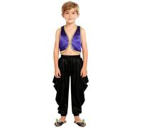 JEATHA 2 Pezzi Abito da Principe Arabiano Bambini Gilet e Pantaloni Larghi con Elastico Vita Costume Fiaba Arabo Indiano Per Halloween Carnevale Travestimento B Viola Nero 15-16 anni
