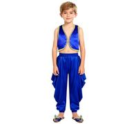 JEATHA 2 Pezzi Abito da Principe Arabiano Bambini Gilet e Pantaloni Larghi con Elastico Vita Costume Fiaba Arabo Indiano Per Halloween Carnevale Travestimento B Blu 7-8 anni
