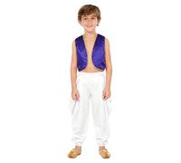 JEATHA 2 Pezzi Abito da Principe Arabiano Bambini Gilet e Pantaloni Larghi con Elastico Vita Costume Fiaba Arabo Indiano Per Halloween Carnevale Travestimento B Viola Bianco 15-16 anni