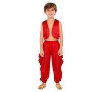 JEATHA 2 Pezzi Abito da Principe Arabiano Bambini Gilet e Pantaloni Larghi con Elastico Vita Costume Fiaba Arabo Indiano Per Halloween Carnevale Travestimento B Rosso 7-8 anni