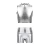 JEATHA 2 Pezzi Tuta da Danza Ginnastica Artistica Lucida Set Bambiina Crop Top Senza Manica e Pantaloni Sportivi a Vita Alta Ragazza Tuta da Danza Jazz Hip Hop Argento 15-16 Anni