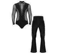 JEATHA Completo da Ballo Latino Uomo Camicia Body Danza Classica con Strass e Pantaloni a Zampa Nappe da Danza Moderna Tuta da Pattinaggio Artistico Salsa Rumba Nero XL