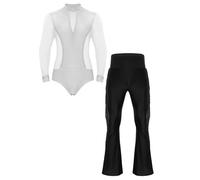 JEATHA Completo da Ballo Latino Uomo Camicia Body Danza Classica con Strass e Pantaloni a Zampa Nappe da Danza Moderna Tuta da Pattinaggio Artistico Salsa Rumba Bianco nero M
