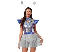 JEATHA Costume Alien Robot Astronauta Donna Costume Spaziale Space Girl Vestito Rincuri Linea A Con Fazzoletto La Stirpe Minivestito Halloween Carnevale Party Argento XXL