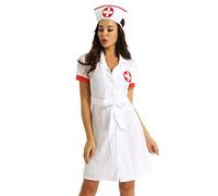 JEATHA Costume Cosplay Infermiera Donna Camicia da Dottoressa a Maniche Corte Uniforme da Medico Carnevale Halloween Donne Abito Travestimento + Cappellino da Medico Bianco S