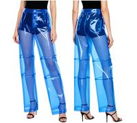 JEATHA Dame Altezza Cintura Calze Trasparenti Calze Larghe Rettilinee Plastica Trasparente con Bottoni Outfit Club Abbigliamento Nottclub Abbigliamento Festival Blu XL