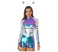 JEATHA Dame Metallico Costume Alien Spaiziale Robo Salopette Maniche Lunghe Con Fazzoletto Frontale Astronauta Bambina Dello Spazio Abito Danza Cosplay Delluniverso Blu L
