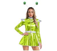 JEATHA Donna Costume Alien Metallico Astronauta Spaziale Bambina Lucente Abito Linia A Con Fazzoletto Frontale Abito Piega Minidress Halloween Carnevale Fasching Verde S