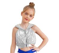 JEATHA Magliette Crop Top Bambine con Glitter E Paillettes Senza Maniche con Spalle Aperte E Cerniera Dietro Giacche Danza Glitterate Corta Senza Addome Costumi Hip Argento 15-16 Anni