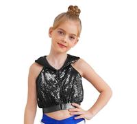 JEATHA Magliette Crop Top Bambine con Glitter E Paillettes Senza Maniche con Spalle Aperte E Cerniera Dietro Giacche Danza Glitterate Corta Senza Addome Costumi Hip Nero 11-12 Anni