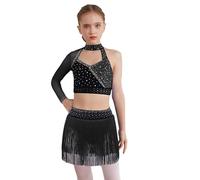 JEATHA Ragazza Abito da Ballo Latino Monospalla 2 Pezzi Top Corto con Strass e Gonna Irregolaro con Frange Vestito da Danza Classica Standard Salsa Samba B Nero 5-6 Anni