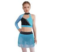 JEATHA Ragazza Abito da Ballo Latino Monospalla 2 Pezzi Top Corto con Strass e Gonna Irregolaro con Frange Vestito da Danza Classica Standard Salsa Samba B Azzurro Chiaro 7-8 Anni