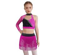 JEATHA Ragazza Abito da Ballo Latino Monospalla 2 Pezzi Top Corto con Strass e Gonna Irregolaro con Frange Vestito da Danza Classica Standard Salsa Samba B Rosa Scuro 7-8 Anni