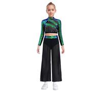 JEATHA Ragazza Abito da Ballo Lirico Moderno 2 Pezzi Strass Top Maniche Lunghe e Pantaloni Completo da Ballo Latino Pattinaggio Tuta da Ginnastica Artistico Verde 13-14 Anni