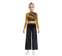 JEATHA Ragazza Abito da Ballo Lirico Moderno 2 Pezzi Strass Top Maniche Lunghe e Pantaloni Completo da Ballo Latino Pattinaggio Tuta da Ginnastica Artistico Oro 11-12 Anni