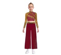 JEATHA Ragazza Abito da Ballo Lirico Moderno 2 Pezzi Strass Top Maniche Lunghe e Pantaloni Completo da Ballo Latino Pattinaggio Tuta da Ginnastica Artistico Borgogna 9-10 anni