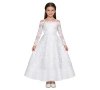 JEATHA Ragazza Vestito Lungo Damigella in Pizzo Floreale con Spalle Scoperte Abito Elegante da Principessa per Matrimonio Comunione Battesimo Compleanno Sposa B Bianco 13-14 Anni