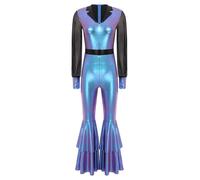 JEATHA Tuta Metallizzata da Donna Disco Anni 70 Jumpsuit Pantaloni Scampanati con Risvolto Scollo a V Costume da Danza Jazz Carnevale Halloween Bodysuit B Blu sfumato XXL