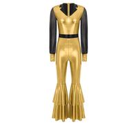 JEATHA Tuta Metallizzata da Donna Disco Anni 70 Jumpsuit Pantaloni Scampanati con Risvolto Scollo a V Costume da Danza Jazz Carnevale Halloween Bodysuit B Oro XL