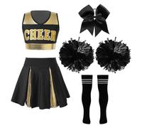 JEATHA Uniforme da Ballo di Cheer Leader per Bambina e Ragazza Costume Cheerleading Top Corto + Gonna Corta + PON PON + Calze +Fiocco 5 Pezzi Un Bianco e Nero 5-6 Anni