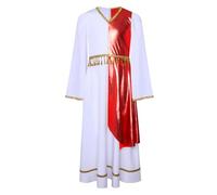 JEATHA Vestito Toga Dea Greca Bambina con Maniche Lunghe Svasate Costume Elegante con Nappe in Vita Costume Antica Romana bianco rosso 3-4 anni