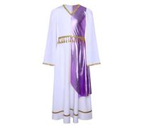 JEATHA Vestito Toga Dea Greca Bambina con Maniche Lunghe Svasate Costume Elegante con Nappe in Vita Costume Antica Romana Bianco Viola 3-4 anni