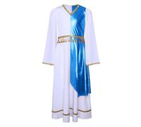 JEATHA Vestito Toga Dea Greca Bambina con Maniche Lunghe Svasate Costume Elegante con Nappe in Vita Costume Antica Romana Bianco blu 3-4 anni
