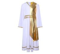 JEATHA Vestito Toga Dea Greca Bambina con Maniche Lunghe Svasate Costume Elegante con Nappe in Vita Costume Antica Romana Oro bianco 3-4 anni