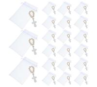 JECOMPRIS 40 Set Rosari per Battesimo con Perline in Legno Lisce e Sacchetto in Rete Bianca, Braccialetti Rosario da Dito per Shower e Prima Comunione, Gioielli Cattolici Bomboniere