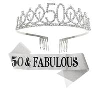 JECOMPRIS Set di Compleanno 2 Pezzi Corona e Cintura di Galateo Argento Cerchietto per Chioma, Fascia per 50° Compleanno, Decorazione Festa per Donna Elegante Gioielli Scintillanti