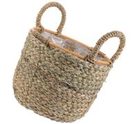 JECOMPRIS Woven Storage Basket Made of Straw with Handle and Plastic Liner, Practical Basket for Plants on Desktop