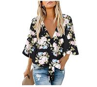 JECTZ Donna Bottone Scollo a V Manica Tre Quarti Svasata Nodo Camicia Casual Allentata Estate Piccola Top Camicette Estive Donna Elegante Chiffon Corta Scollo V Tunica Top per Leggings T-Shirt Casual