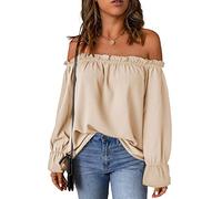 JECTZ Maglietta Tunica Casual Estiva con Spalle Scoperte Top con Maniche Svasate Camicia in Chiffon Sexy con Spalle Scoperte da Donna Top con Spalle Scoperte da Donna(Apricot/XL)