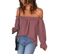 JECTZ Maglietta Tunica Casual Estiva con Spalle Scoperte Top con Maniche Svasate Camicia in Chiffon Sexy con Spalle Scoperte da Donna Top con Spalle Scoperte da Donna(Pink/S)