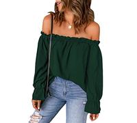JECTZ Maglietta Tunica Casual Estiva con Spalle Scoperte Top con Maniche Svasate Camicia in Chiffon Sexy con Spalle Scoperte da Donna Top con Spalle Scoperte da Donna(Green/S)